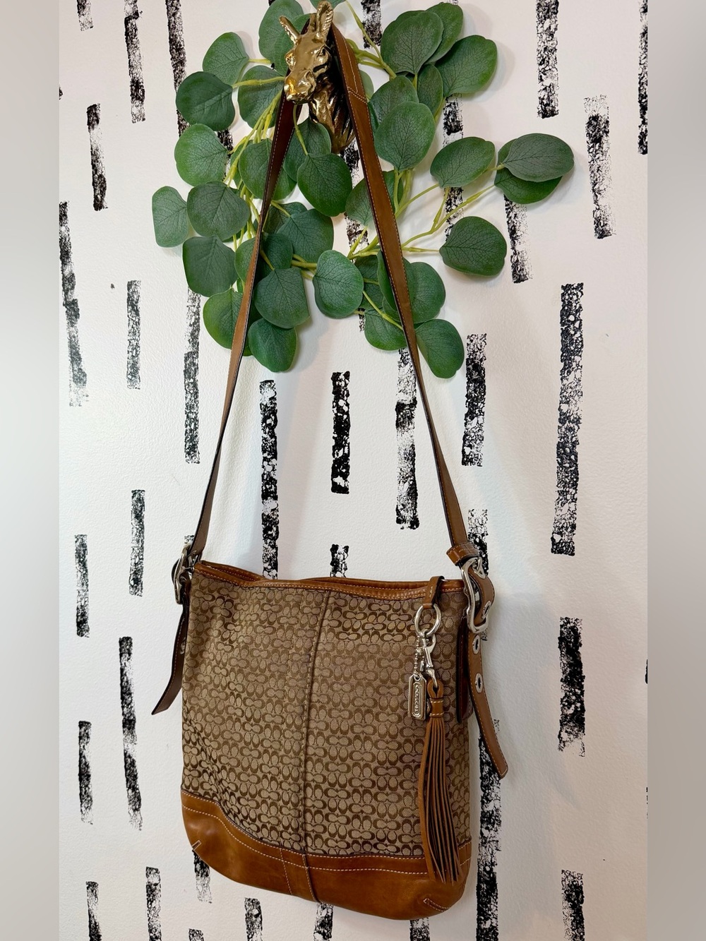 Coach Signature Jacquard/Leather Tan Hobo Crossbody Convertible Bag Y2K Vintage